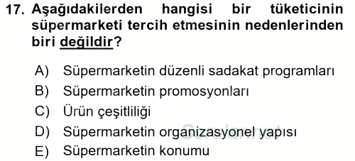 Perakende Yönetimi 2016 - 2017 Dönem Sonu Sınavı 17.Soru