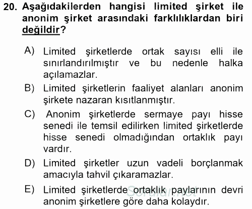 Şirketler Muhasebesi 2015 - 2016 Ara Sınavı 20.Soru