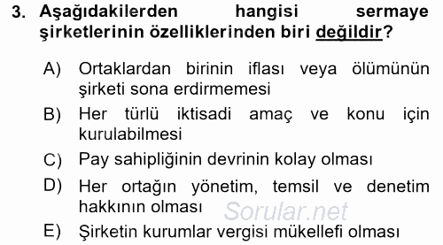 Şirketler Muhasebesi 2015 - 2016 Ara Sınavı 3.Soru