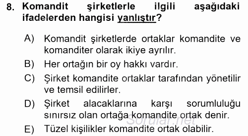 Şirketler Muhasebesi 2015 - 2016 Ara Sınavı 8.Soru