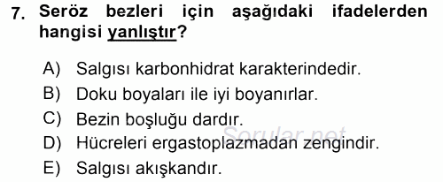 Temel Veteriner Histoloji ve Embriyoloji 2017 - 2018 3 Ders Sınavı 7.Soru