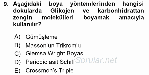 Temel Veteriner Histoloji ve Embriyoloji 2017 - 2018 3 Ders Sınavı 9.Soru