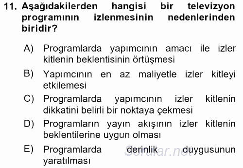 Radyo ve Televizyonda Program Yapımı 2017 - 2018 Ara Sınavı 11.Soru