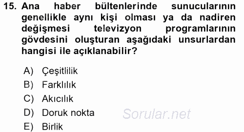 Radyo ve Televizyonda Program Yapımı 2017 - 2018 Ara Sınavı 15.Soru