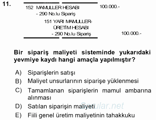 Maliyet Muhasebesi 2015 - 2016 Tek Ders Sınavı 11.Soru