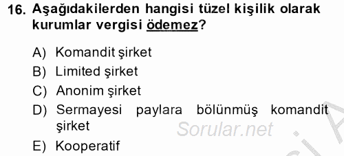 Muhasebe Uygulamaları 2014 - 2015 Dönem Sonu Sınavı 16.Soru