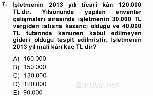 Muhasebe Uygulamaları 2014 - 2015 Dönem Sonu Sınavı 7.Soru