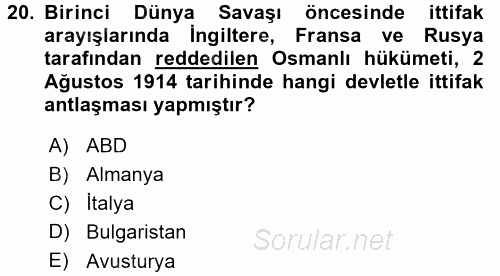 Osmanlı Diplomasisi 2015 - 2016 Dönem Sonu Sınavı 20.Soru