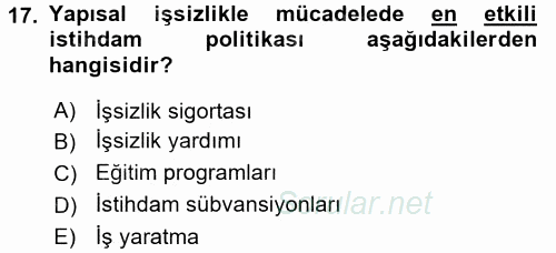 Çalışma Ekonomisi 2 2016 - 2017 Dönem Sonu Sınavı 17.Soru