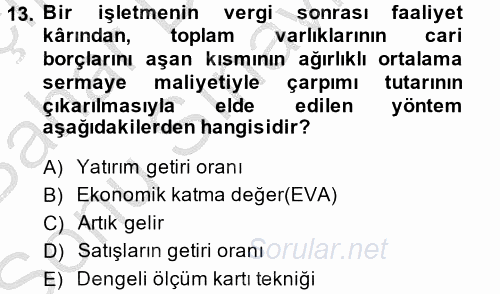 Maliyet Yönetimi 2014 - 2015 Dönem Sonu Sınavı 13.Soru