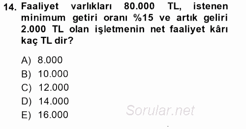 Maliyet Yönetimi 2014 - 2015 Dönem Sonu Sınavı 14.Soru