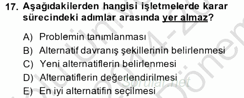 Maliyet Yönetimi 2014 - 2015 Dönem Sonu Sınavı 17.Soru