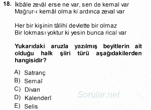 Halk Edebiyatına Giriş 1 2014 - 2015 Ara Sınavı 18.Soru