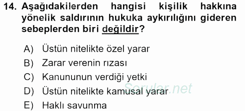 Medeni Hukuk 1 2017 - 2018 Ara Sınavı 14.Soru