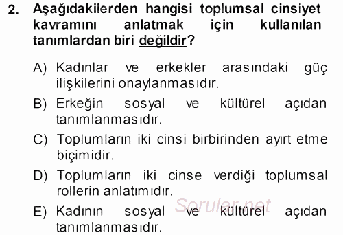 Toplumsal Cinsiyet Sosyolojisi 2013 - 2014 Tek Ders Sınavı 2.Soru