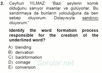 Türkçe Ses Ve Biçim Bilgisi 2012 - 2013 Dönem Sonu Sınavı 2.Soru