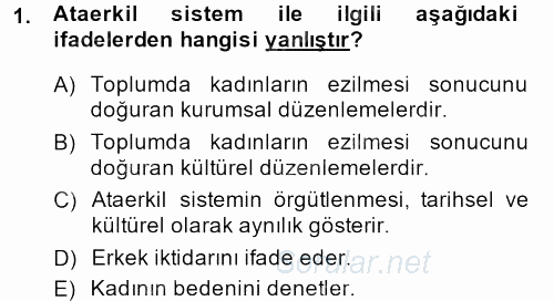 Toplumsal Cinsiyet Çalışmaları 2013 - 2014 Tek Ders Sınavı 1.Soru