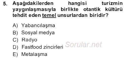 Turizm Sosyolojisi 2014 - 2015 Dönem Sonu Sınavı 5.Soru