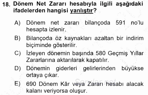 Genel Muhasebe 2016 - 2017 3 Ders Sınavı 18.Soru