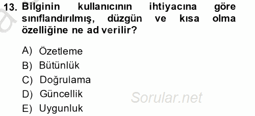 Muhasebede Bilgi Yönetimi 2014 - 2015 Ara Sınavı 13.Soru