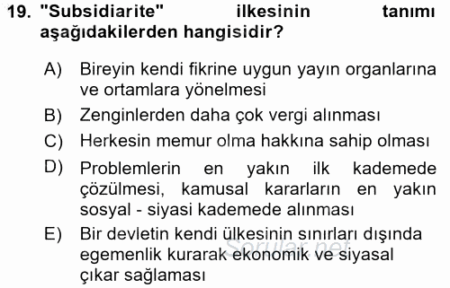 İnsan Hakları ve Demokratikleşme Süreci 2016 - 2017 3 Ders Sınavı 19.Soru