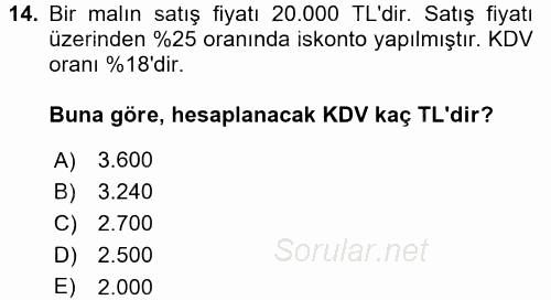 Gayrimenkullerde Vergilendirme 2017 - 2018 Ara Sınavı 14.Soru