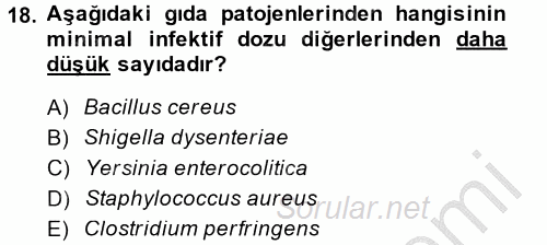 Gıda Güvenliğinin Temel Prensipleri 2014 - 2015 Ara Sınavı 18.Soru