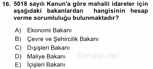 Yerel Yönetimler 2017 - 2018 Ara Sınavı 16.Soru