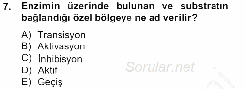 Temel Veteriner Biyokimya 2012 - 2013 Dönem Sonu Sınavı 7.Soru