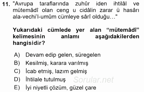 Osmanlı Türkçesi Metinleri 1 2017 - 2018 Ara Sınavı 11.Soru