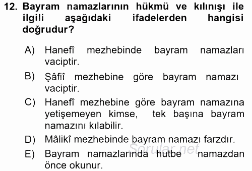 İslam İbadet Esasları 2017 - 2018 Ara Sınavı 12.Soru