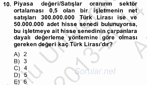 Finansal Yönetim 2 2013 - 2014 Ara Sınavı 10.Soru