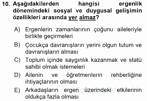 Çocuk Gelişimi 2017 - 2018 3 Ders Sınavı 10.Soru