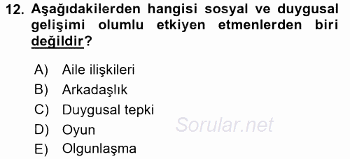 Çocuk Gelişimi 2017 - 2018 3 Ders Sınavı 12.Soru
