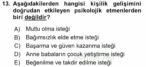 Çocuk Gelişimi 2017 - 2018 3 Ders Sınavı 13.Soru