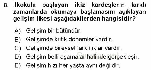 Çocuk Gelişimi 2017 - 2018 3 Ders Sınavı 8.Soru