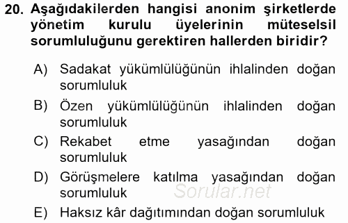 Ticaret Hukuku 2 2017 - 2018 Ara Sınavı 20.Soru