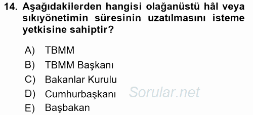 Anayasa Hukuku 2016 - 2017 Dönem Sonu Sınavı 14.Soru