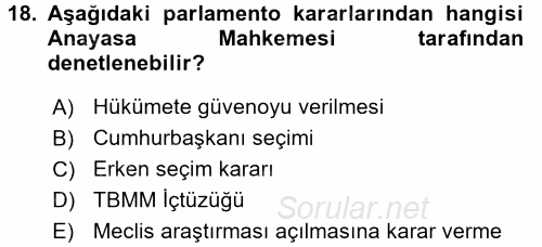 Anayasa Hukuku 2016 - 2017 Dönem Sonu Sınavı 18.Soru