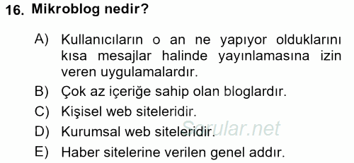 Halkla İlişkiler Uygulama Teknikleri 2015 - 2016 Dönem Sonu Sınavı 16.Soru