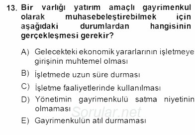 İnşaat ve Gayrimenkul Muhasebesi 2014 - 2015 Dönem Sonu Sınavı 13.Soru