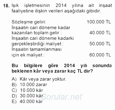 İnşaat ve Gayrimenkul Muhasebesi 2014 - 2015 Dönem Sonu Sınavı 18.Soru