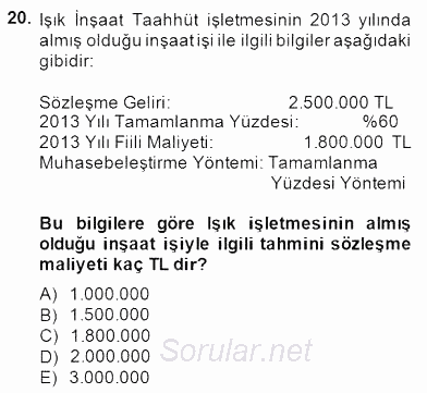 İnşaat ve Gayrimenkul Muhasebesi 2014 - 2015 Dönem Sonu Sınavı 20.Soru