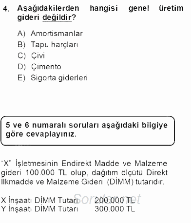 İnşaat ve Gayrimenkul Muhasebesi 2014 - 2015 Dönem Sonu Sınavı 4.Soru