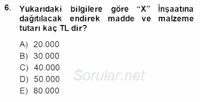 İnşaat ve Gayrimenkul Muhasebesi 2014 - 2015 Dönem Sonu Sınavı 6.Soru