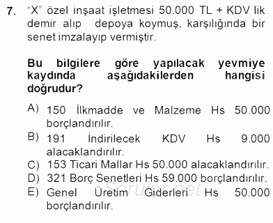 İnşaat ve Gayrimenkul Muhasebesi 2014 - 2015 Dönem Sonu Sınavı 7.Soru