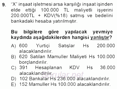 İnşaat ve Gayrimenkul Muhasebesi 2014 - 2015 Dönem Sonu Sınavı 9.Soru