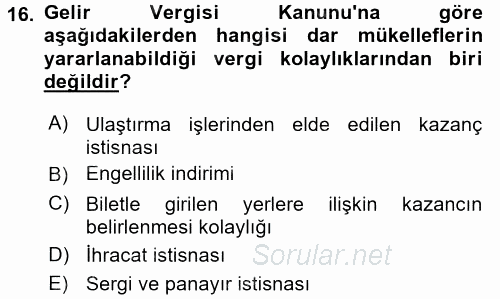 Özel Vergi Hukuku 1 2016 - 2017 Ara Sınavı 16.Soru