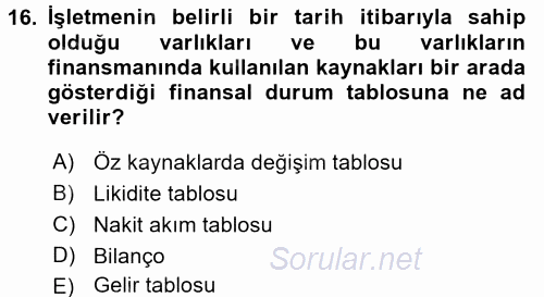 Genel İşletme 2016 - 2017 Dönem Sonu Sınavı 16.Soru