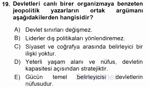 Uluslararası İlişkiler Kuramları 1 2016 - 2017 Ara Sınavı 19.Soru